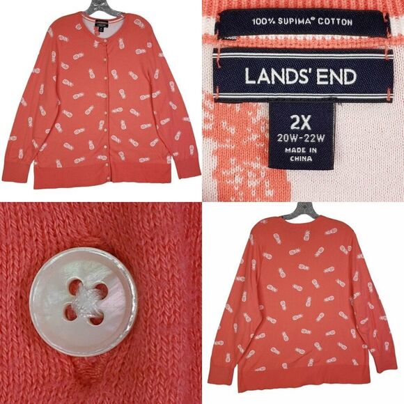 Lands End Cardigan Sweater Womens Plus Size 2X Coral Pineapple Button Front - Picture 1 of 10